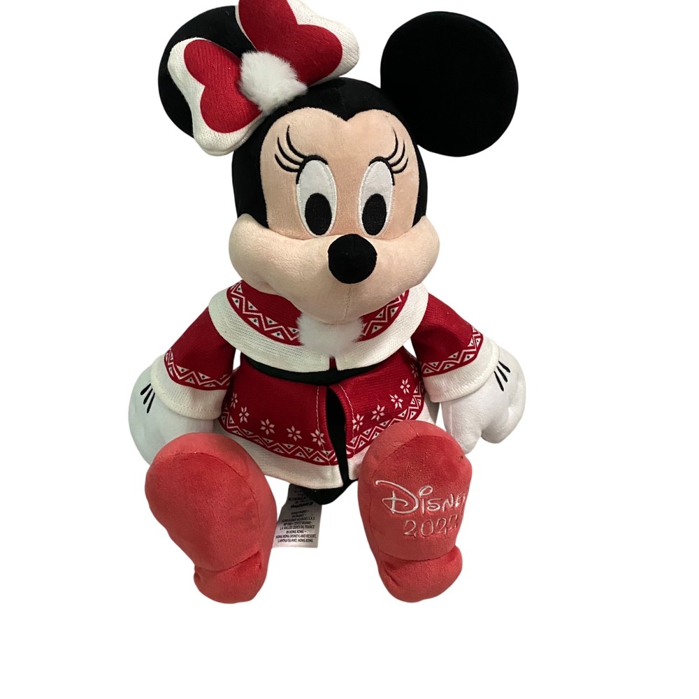 Disney Parks 2022 Holiday Minnie Mouse Plush Red Nordic Sweater 16 Inch Stuffed